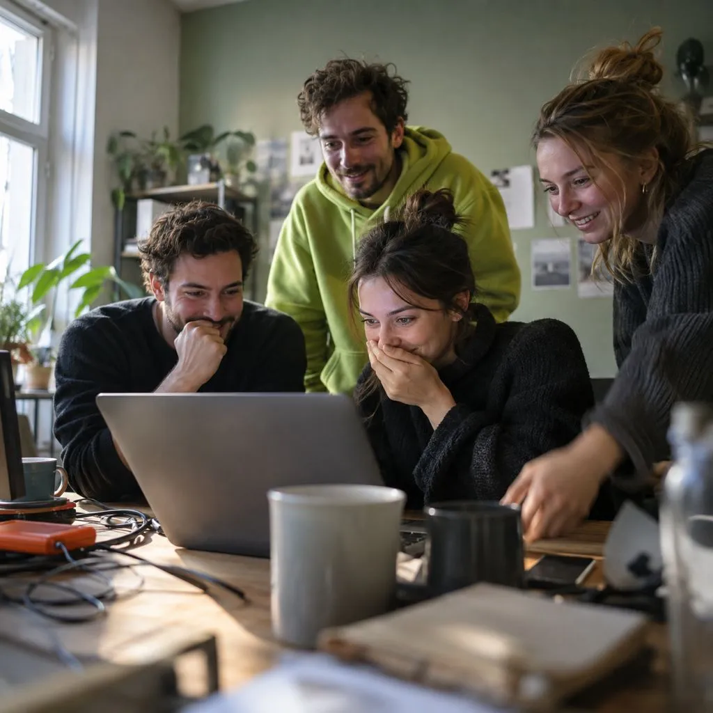 Startup team gathered around one laptop on launch day